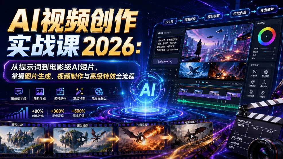 AI视频创作实战课2026：从提示词到电影级AI短片，掌握图片生成、视频制作与高级特效全流程 - 严选资源大全