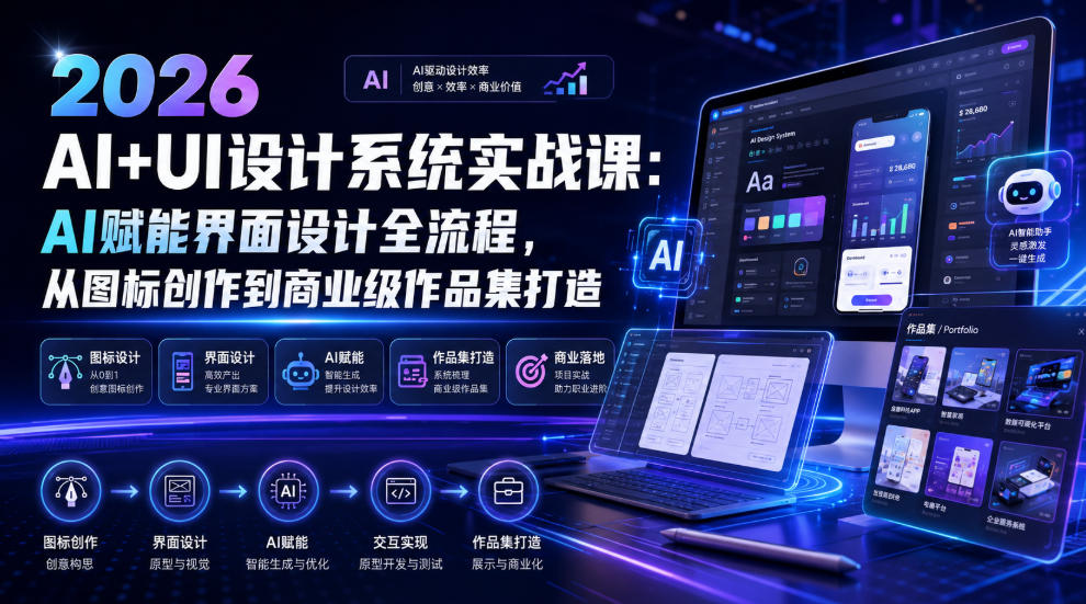 2026 AI+UI设计系统实战课：AI赋能界面设计全流程，从图标创作到商业级作品集打造 - 严选资源大全