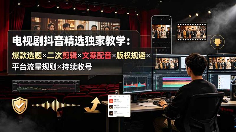 电视剧抖音精选独家教学：爆款选题×二次剪辑×文案配音×版权规避×平台流量规则×持续收益账号 - 严选资源大全 - 严选资源大全