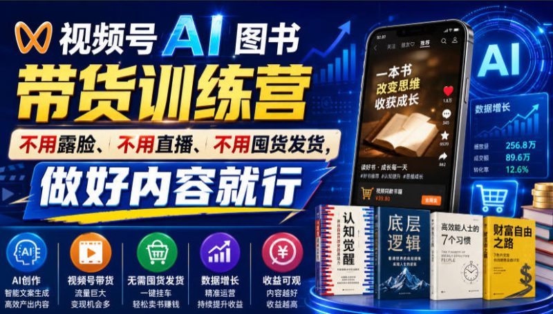 视频号AI图书带货训练营，不用露脸、不用直播、不用囤货发货，做好内容就行，一条爆款视频佣金8942 - 严选资源大全 - 严选资源大全