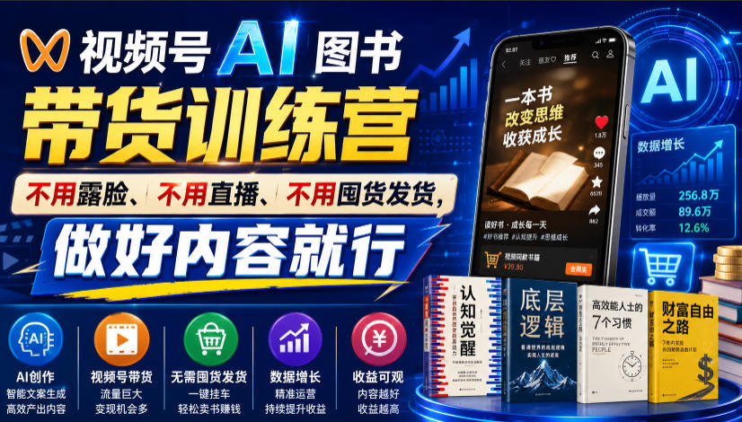 视频号AI图书带货训练营,不用露脸、不用直播、不用囤货发货,做好内容就行,一条爆款视频佣金8942 - 严选资源大全
