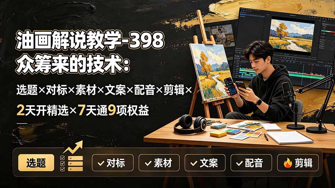 油画解说教学-398众筹来的技术：选题×对标×素材×文案×配音×剪辑×2天开精选×7天通9项权益 - 严选资源大全