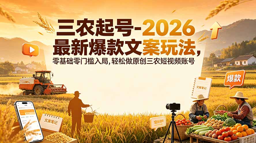 三农起号-2026 最新爆款文案玩法，零基础零门槛入局，轻松做原创三农短视频账号 - 严选资源大全