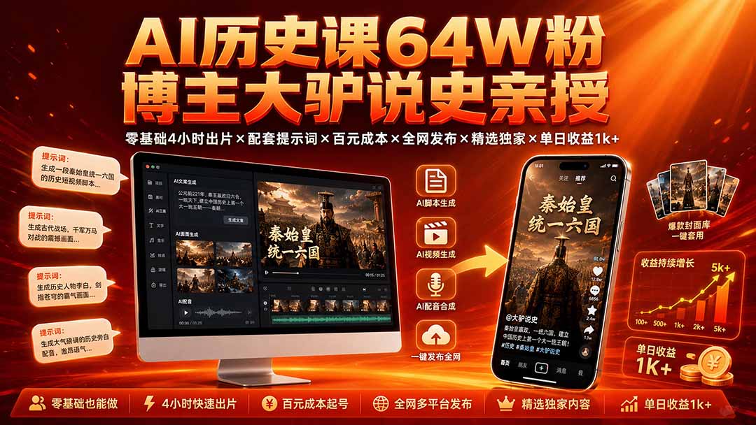 AI历史课64W粉博主大驴说史亲授：零基础4小时出片×配套提示词×百元成本×全网发布×精选独家×单日收益1k+ - 严选资源大全