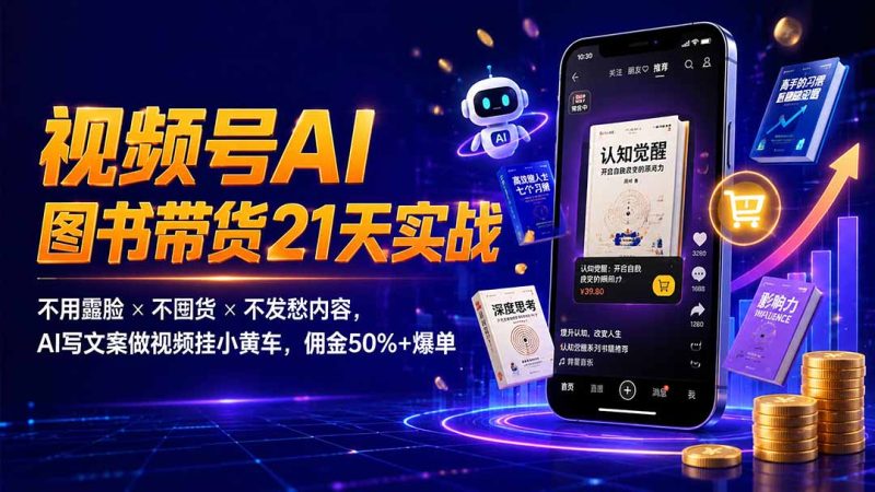 繁花视频号AI图书带货21天实战：不用露脸×不囤货×不发愁内容，AI写文案做视频挂小黄车，佣金50%+爆单 - 严选资源大全 - 严选资源大全