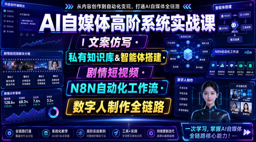 AI自媒体高阶系统实战课｜文案仿写・私有知识库&智能体搭建・剧情短视频・N8N自动化工作流・数字人制作全链路 - 严选资源大全