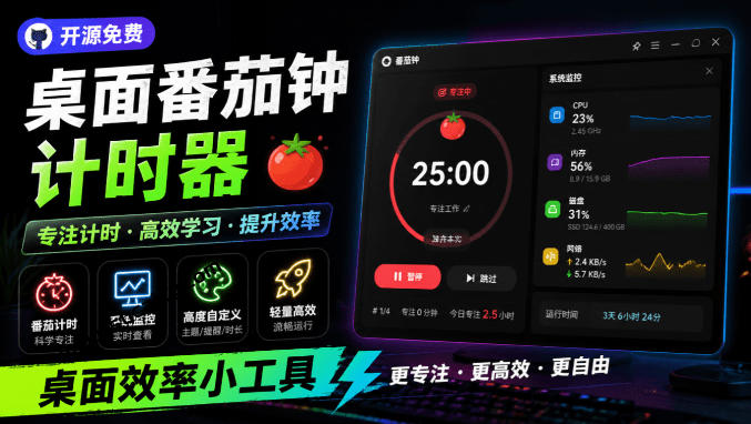 仅1.16MB，开源极简的桌面时钟、番茄钟计时器，还支持系统监控显示，桌面效率小工具Catime - 严选资源大全