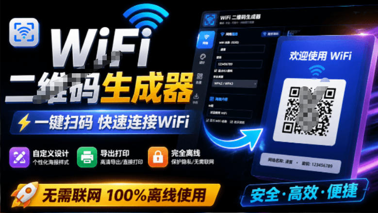 完全离线使用！WiFi二维码生成器，一键扫码快速连接WiFi，支持自定义风格导出WiFi二维码生成器 - 严选资源大全
