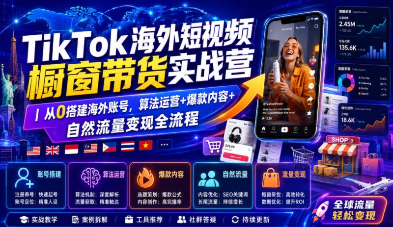 TikTok海外短视频橱窗带货实战营｜从0搭建海外账号，算法运营+爆款内容+自然流量变现全流程 - 严选资源大全 - 严选资源大全