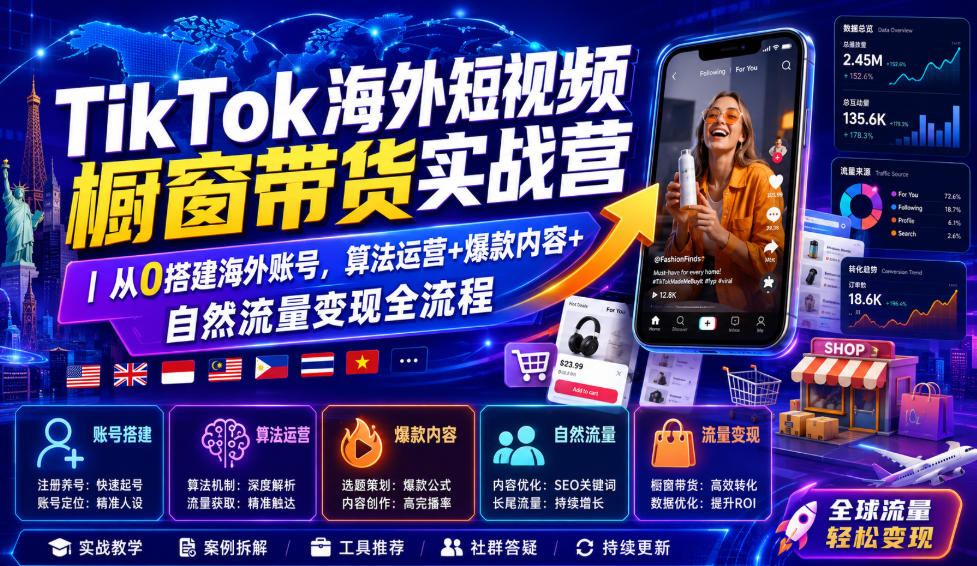 TikTok海外短视频橱窗带货实战营｜从0搭建海外账号，算法运营+爆款内容+自然流量变现全流程 - 严选资源大全
