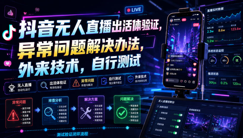 抖音无人直播出活体验证，异常问题解决办法，外来技术，自行测试 - 严选资源大全