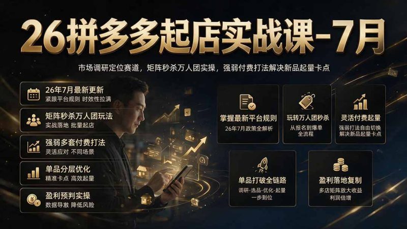 26拼多多起店实战课-7月｜市场调研定位赛道，矩阵秒杀万人团实操，强弱付费打法解决新品起量卡点 - 严选资源大全 - 严选资源大全