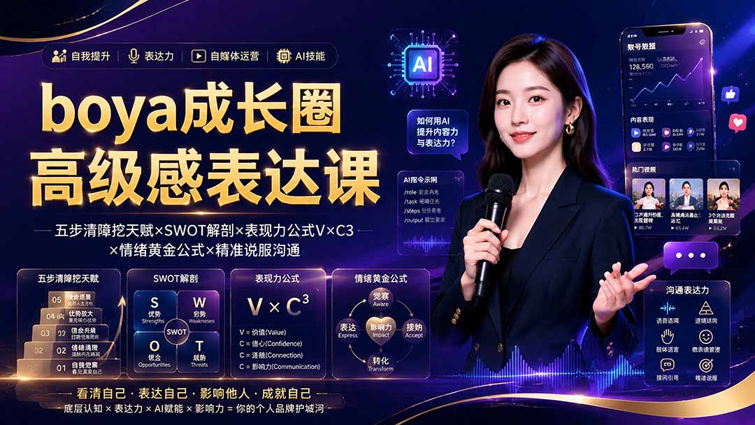 boya成长圈|内心成长高级表达AI自媒体三合一,消解内耗挖掘天赋,镜头沟通AI指令短视频全流程教学 - 严选资源大全