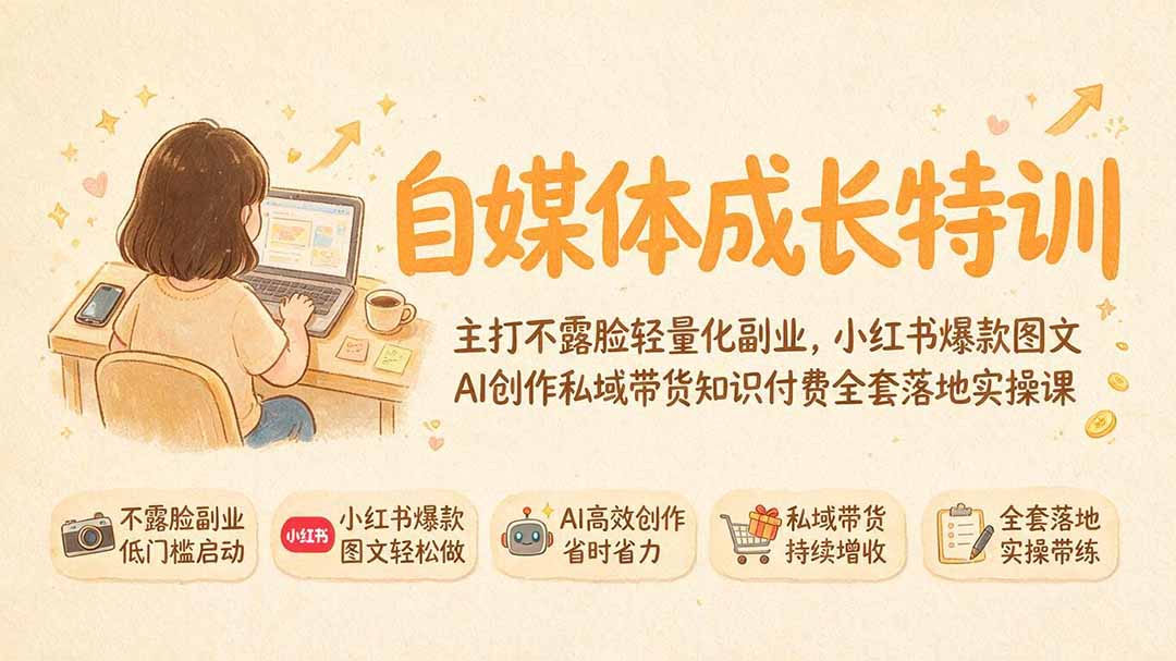 自媒体成长特训｜主打不露脸轻量化副业，小红书爆款图文AI创作私域带货知识付费全套落地实操课 - 严选资源大全