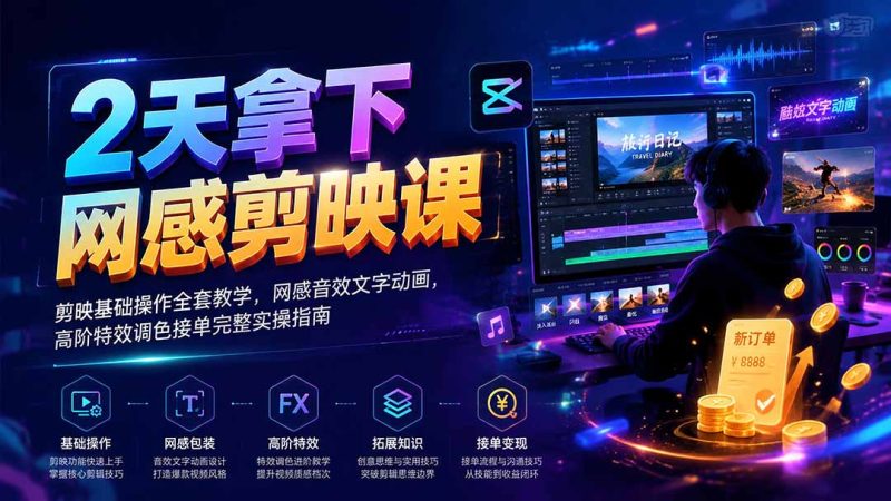 2天拿下网感剪辑课|剪映基础操作全套教学,网感音效文字动画,高阶特效调色接单完整实操指南 - 严选资源大全 - 严选资源大全