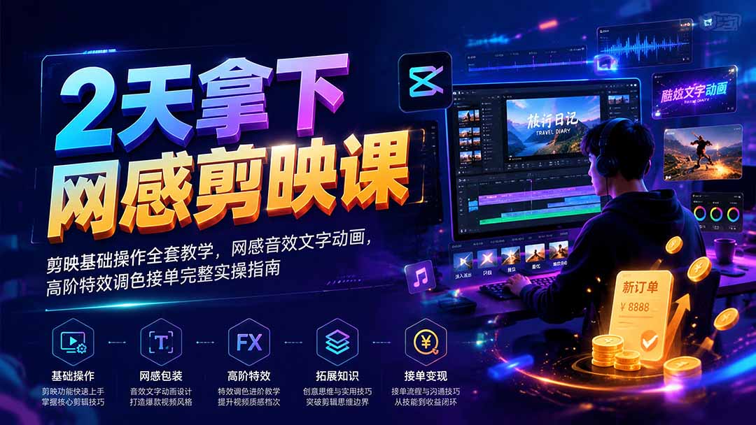 2天拿下网感剪辑课|剪映基础操作全套教学,网感音效文字动画,高阶特效调色接单完整实操指南 - 严选资源大全