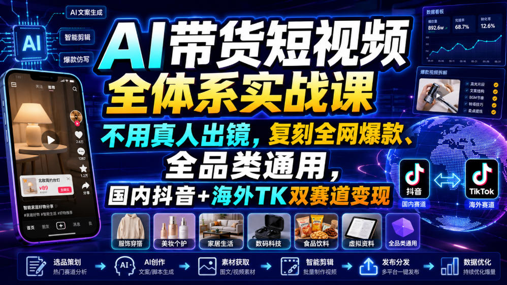 AI带货短视频全体系实战课，不用真人出镜，复刻全网爆款、全品类通用，国内抖音+海外TK双赛道变现 - 严选资源大全