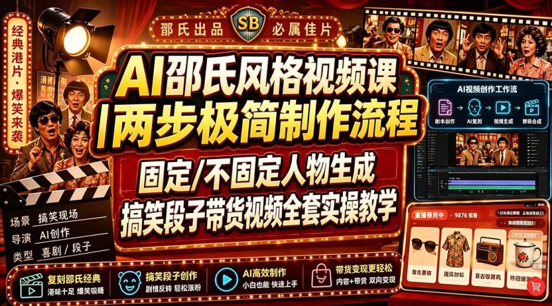AI邵氏风格视频课|两步极简制作流程,固定/不固定人物生成,搞笑段子带货视频全套实操教学 - 严选资源大全 - 严选资源大全