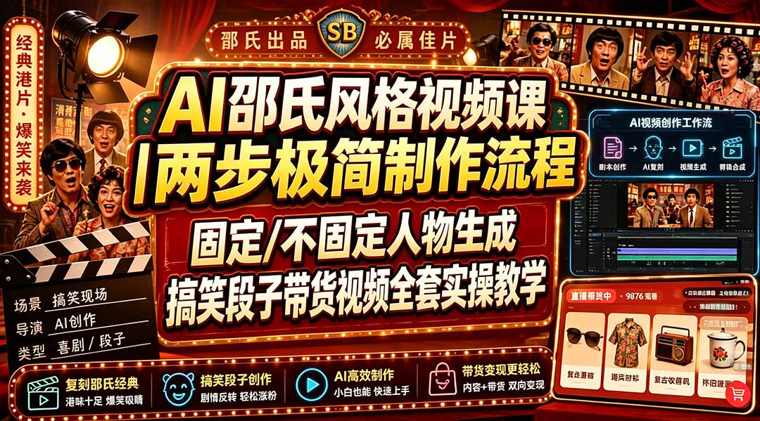 AI邵氏风格视频课|两步极简制作流程,固定/不固定人物生成,搞笑段子带货视频全套实操教学 - 严选资源大全