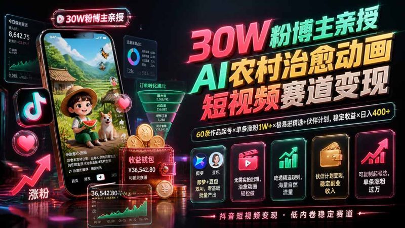 30W粉博主亲授AI农村治愈动画短视频赛道变现：60条作品起号×单条涨粉1W+×极易进精选+伙伴计划，稳定收益×日入400+ - 严选资源大全 - 严选资源大全