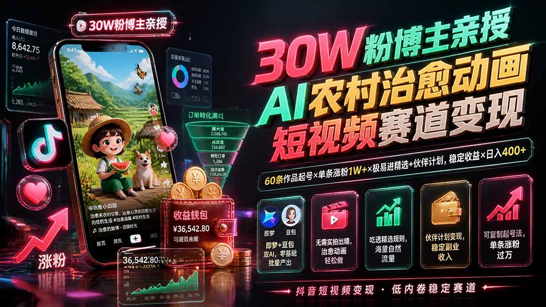 30W粉博主亲授AI农村治愈动画短视频赛道变现:60条作品起号×单条涨粉1W+×极易进精选+伙伴计划,稳定收益×日入400+ - 严选资源大全