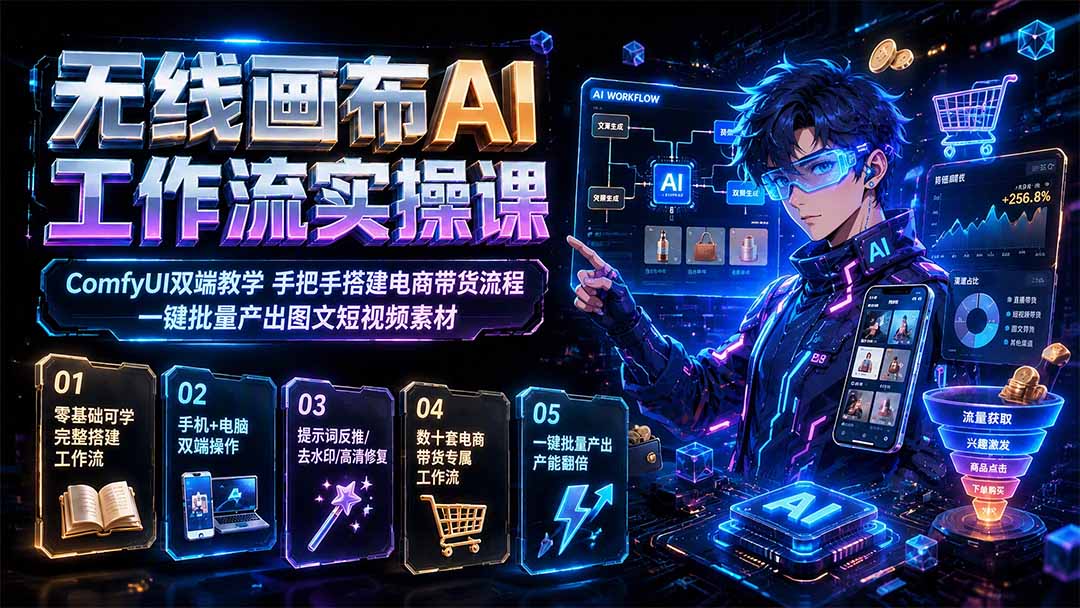 无线画布AI工作流实操课|ComfyUI双端教学,手把手搭建电商带货流程,一键批量产出图文短视频素材 - 严选资源大全