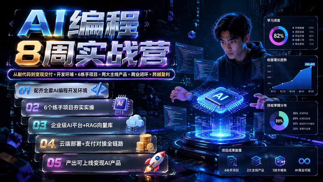 AI编程8周实战营:从敲代码到变现交付×开发环境×6练手项目×两大主线产品×商业闭环×跨越盈利 - 严选资源大全