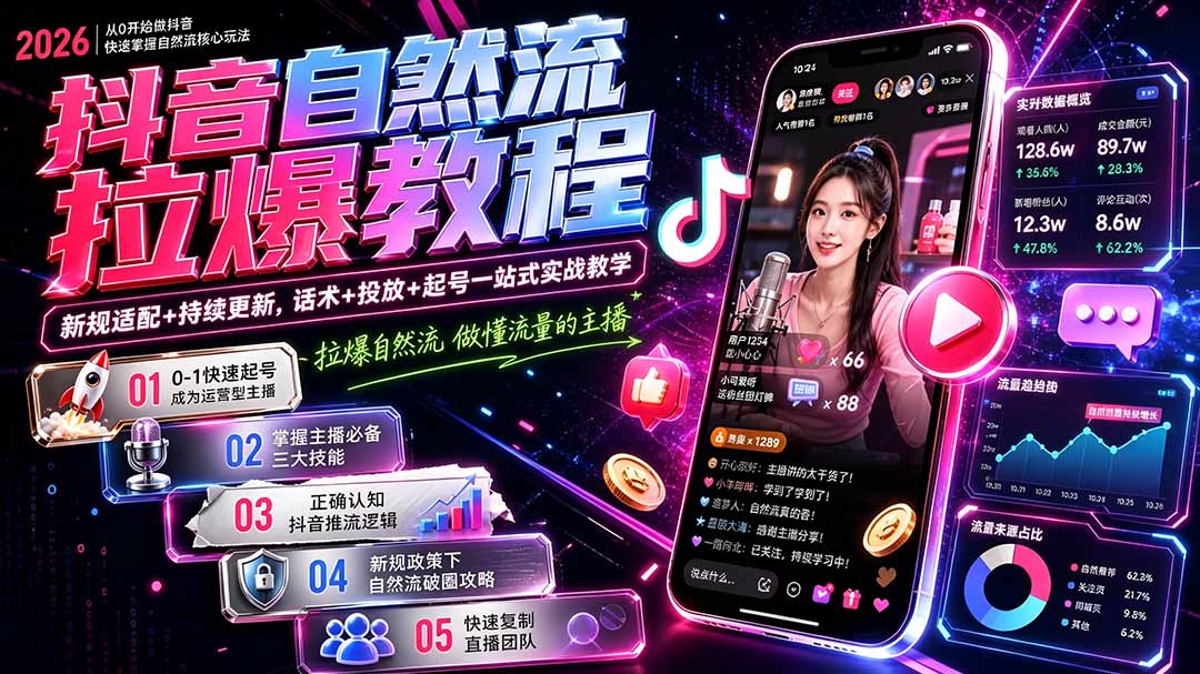 抖音自然流拉爆教程-更新7月:做懂流量的主播,新规适配+持续更新,话术+投放+起号一站式实战教学 - 严选资源大全