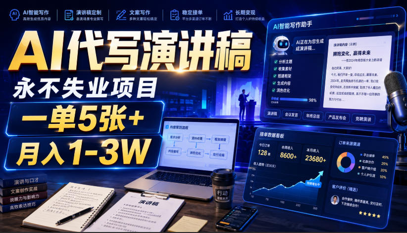 AI代写演讲稿,永不失业项目,一单5张+,月入1-3W【揭秘】 - 严选资源大全
