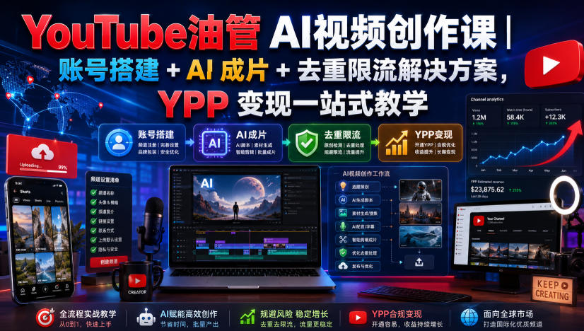 YouTube油管AI视频创作课|账号搭建+AI成片+去重限流解决方案,YPP变现一站式教学 - 严选资源大全