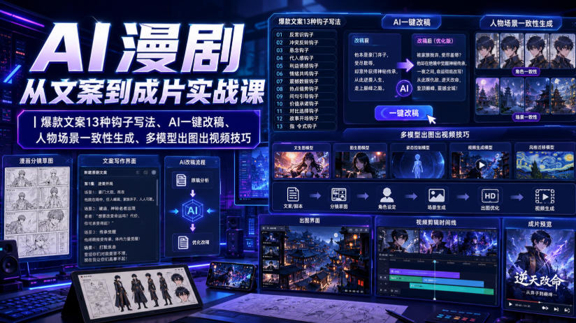 AI漫剧从文案到成片实战课|爆款文案13种钩子写法、AI一键改稿、人物场景一致性生成、多模型出图出视频技巧 - 严选资源大全