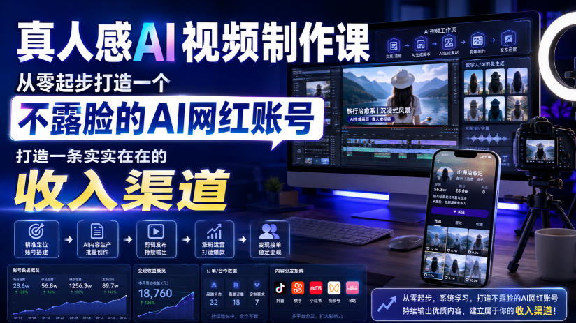 真人感AI视频制作课,从零起步打造一个不露脸的AI网红账号,打造一条实实在在的收入渠道【原创双语字幕】 - 严选资源大全