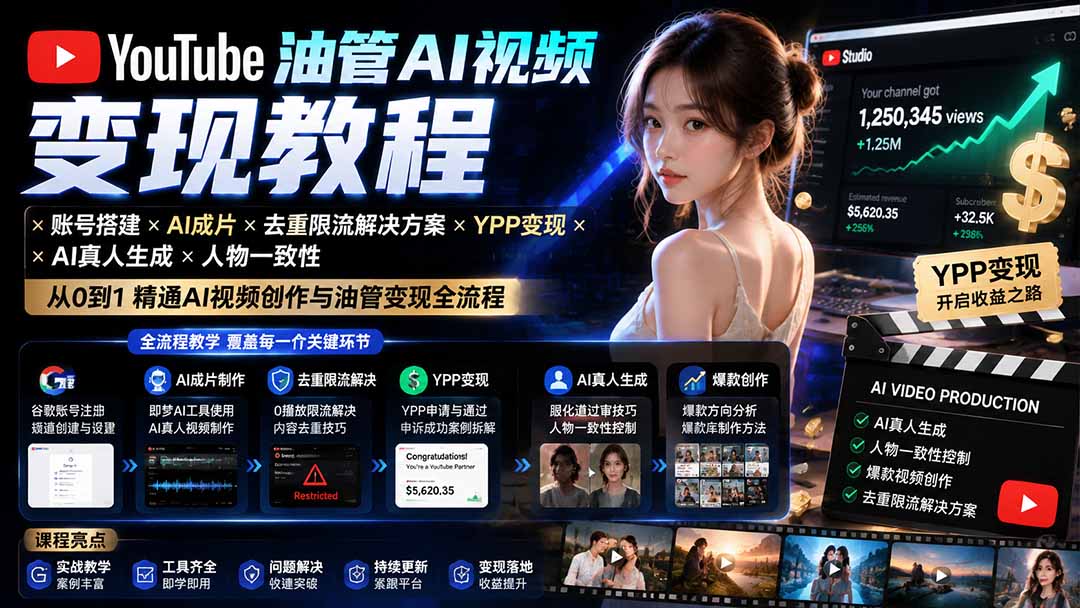 YouTube油管AI视频变现教程:账号搭建×AI成片×去重限流解决方案×YPP变现×AI真人生成×人物一致性 - 严选资源大全