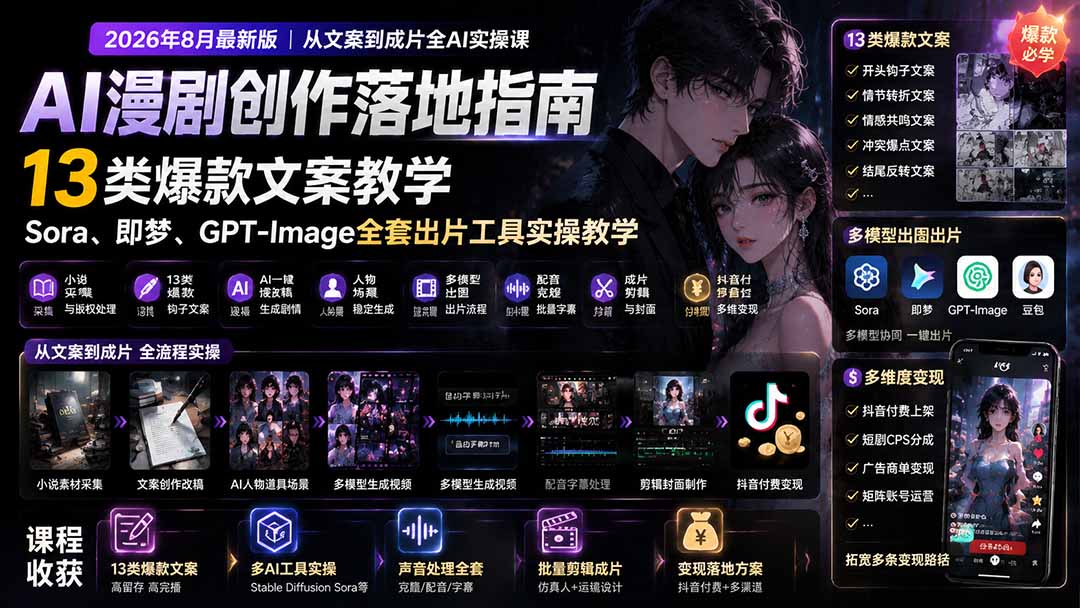 AI漫剧创作落地指南|13类爆款文案教学,Sora、即梦、GPT-Image全套出片工具实操教学 - 严选资源大全