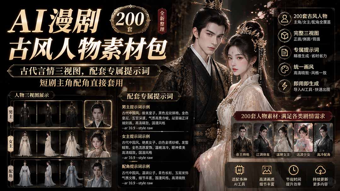 AI漫剧古风人物素材包+提示词|200 套古代言情三视图,配套专属提示词短剧主角配角直接套用 - 严选资源大全