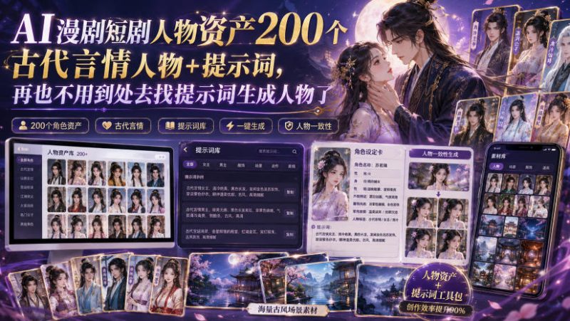 AI漫剧短剧人物资产200个古代言情人物+提示词，再也不用到处去找提示词生成人物了 - 严选资源大全 - 严选资源大全