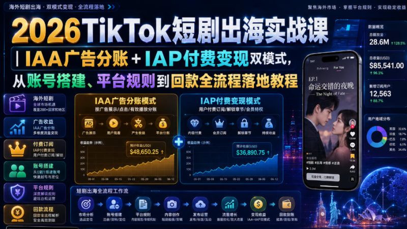 2026TikTok短剧出海实战课|IAA广告分账+IAP付费变现双模式,从账号搭建、平台规则到回款全流程落地教程 - 严选资源大全 - 严选资源大全