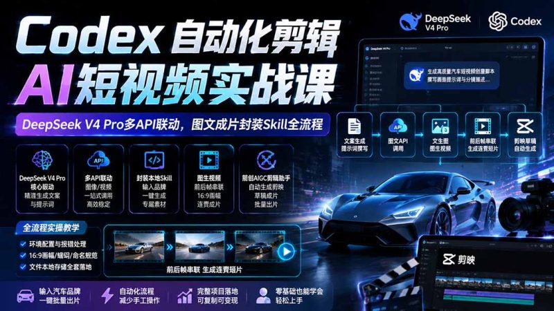 Codex自动化剪辑AI短视频实战课|DeepSeek V4 Pro多API联动,图文成片封装Skill全流程 - 严选资源大全 - 严选资源大全
