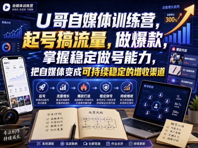U哥自媒体训练营，起号搞流量，做爆款，掌握稳定做号能力，把自媒体变成可持续稳定的增收渠道 - 严选资源大全 - 严选资源大全