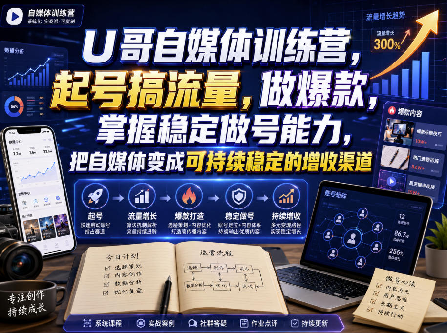 U哥自媒体训练营，起号搞流量，做爆款，掌握稳定做号能力，把自媒体变成可持续稳定的增收渠道 - 严选资源大全