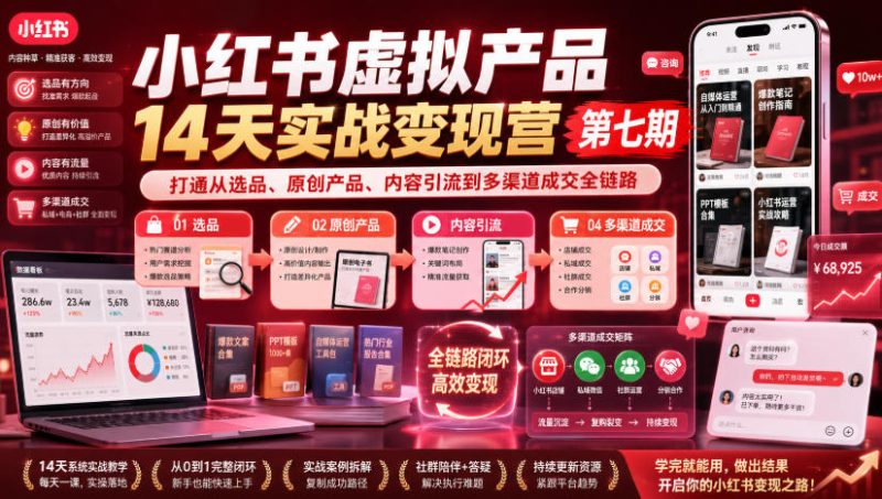小红书虚拟产品14天实战变现营第七期,打通从选品、原创产品、内容引流到多渠道成交全链路 - 严选资源大全 - 严选资源大全