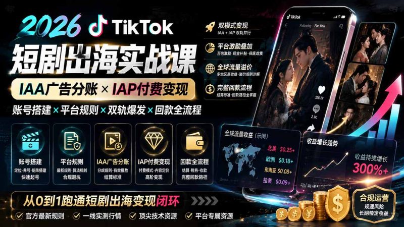 2026TikTok短剧出海实战课:IAA广告分账×IAP付费变现×账号搭建×平台规则×双轨爆发×回款全流程 - 严选资源大全 - 严选资源大全