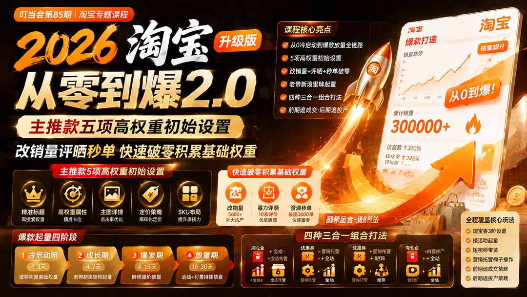 2026淘宝从零到爆2.0第85期;主推款五项高权重初始设置,改销量评晒秒单快速破零积累基础权重 - 严选资源大全