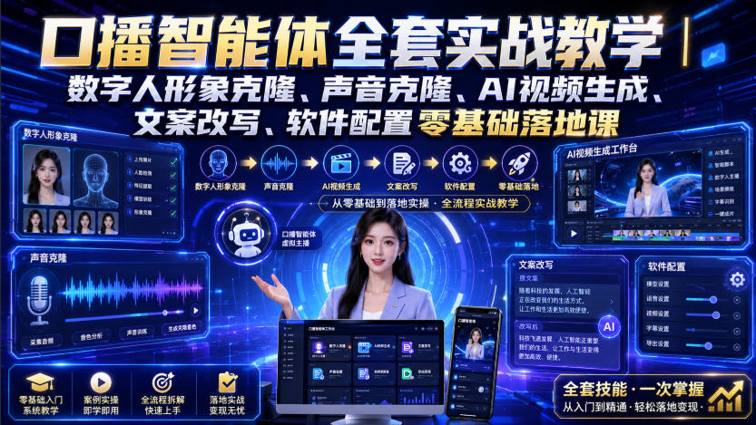 口播智能体全套实战教学｜数字人形象克隆、声音克隆、AI视频生成、文案改写、软件配置零基础落地课 - 严选资源大全