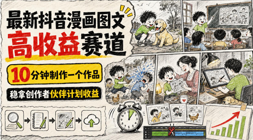 最新抖音漫画图文高收益赛道，10分钟制作一个作品，稳拿创作者伙伴计划收益 - 严选资源大全