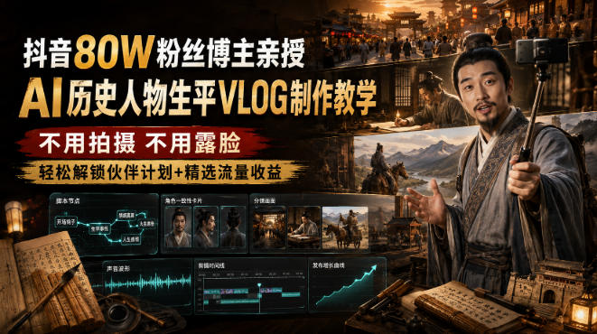 抖音80W粉丝博主的AI历史人物生平VLOG教学，不用拍摄不用露脸，AI帮你搞定，轻松解锁伙伴计划+精选收益 - 严选资源大全