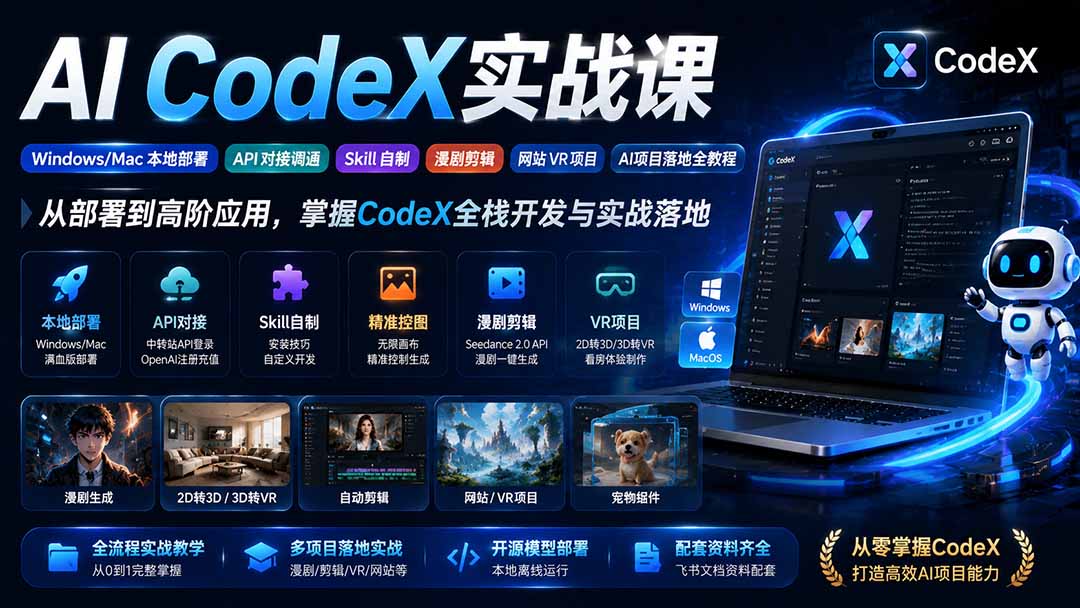 AI CodeX实战课|Windows/Mac 本地部署|API 对接调通|Skill 自制|漫剧剪辑|网站 VR 项目|AI项目落地全教程 - 严选资源大全