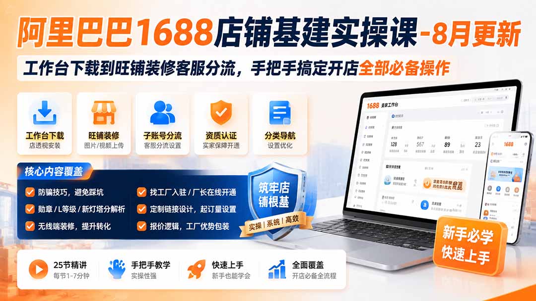 阿里巴巴1688店铺基建实操课-8月更新;工作台下载到旺铺装修客服分流,手把手搞定开店全部必备操作 - 严选资源大全