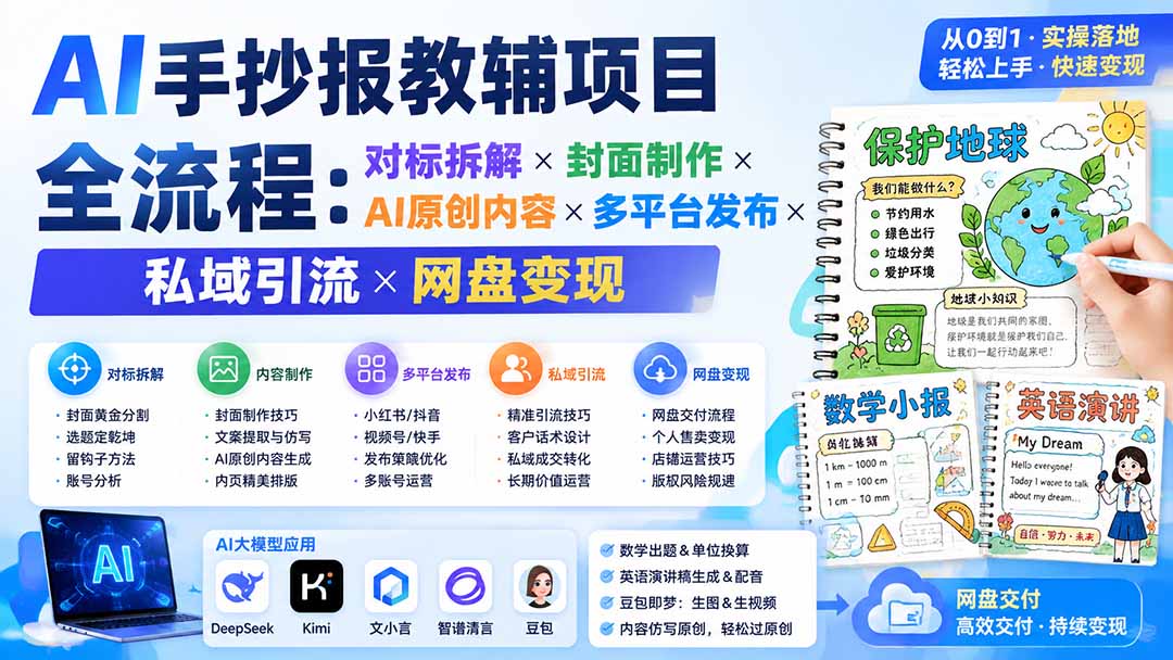 AI手抄报教辅项目全流程:对标拆解×封面制作×AI原创内容×多平台发布×私域引流×网盘变现 - 严选资源大全