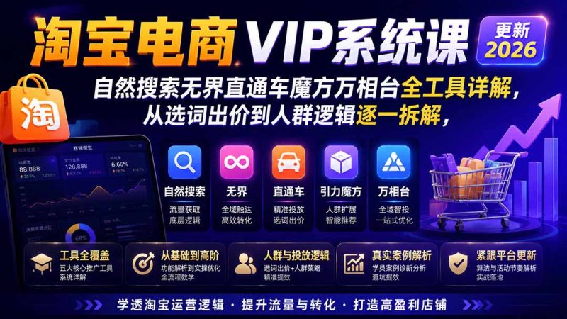 淘宝电商VIP系统课-更新8月;自然搜索无界直通车魔方万相台全工具详解,从选词出价到人群逻辑逐一拆解 - 严选资源大全 - 严选资源大全